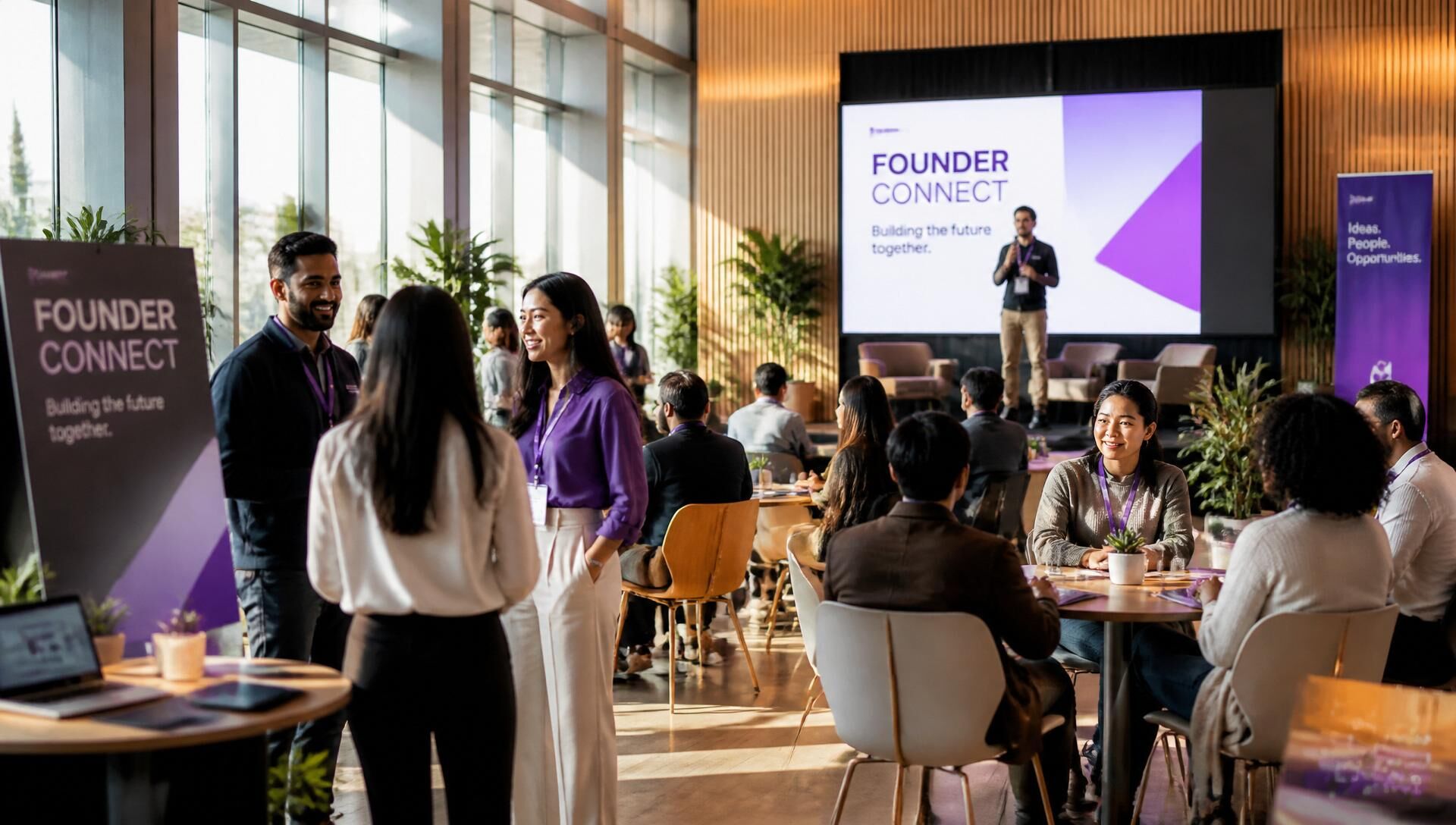 Founders networking, presenting and collaborating at a Scale & Spark meetup